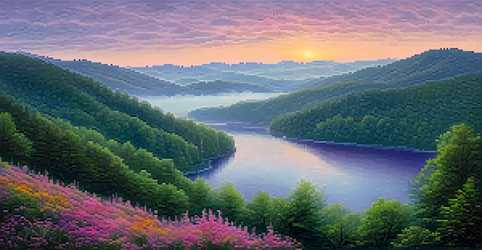 A beautiful sunrise over the Great Smoky Mountains, with fog in the valleys and colorful wildflowers in the foreground.