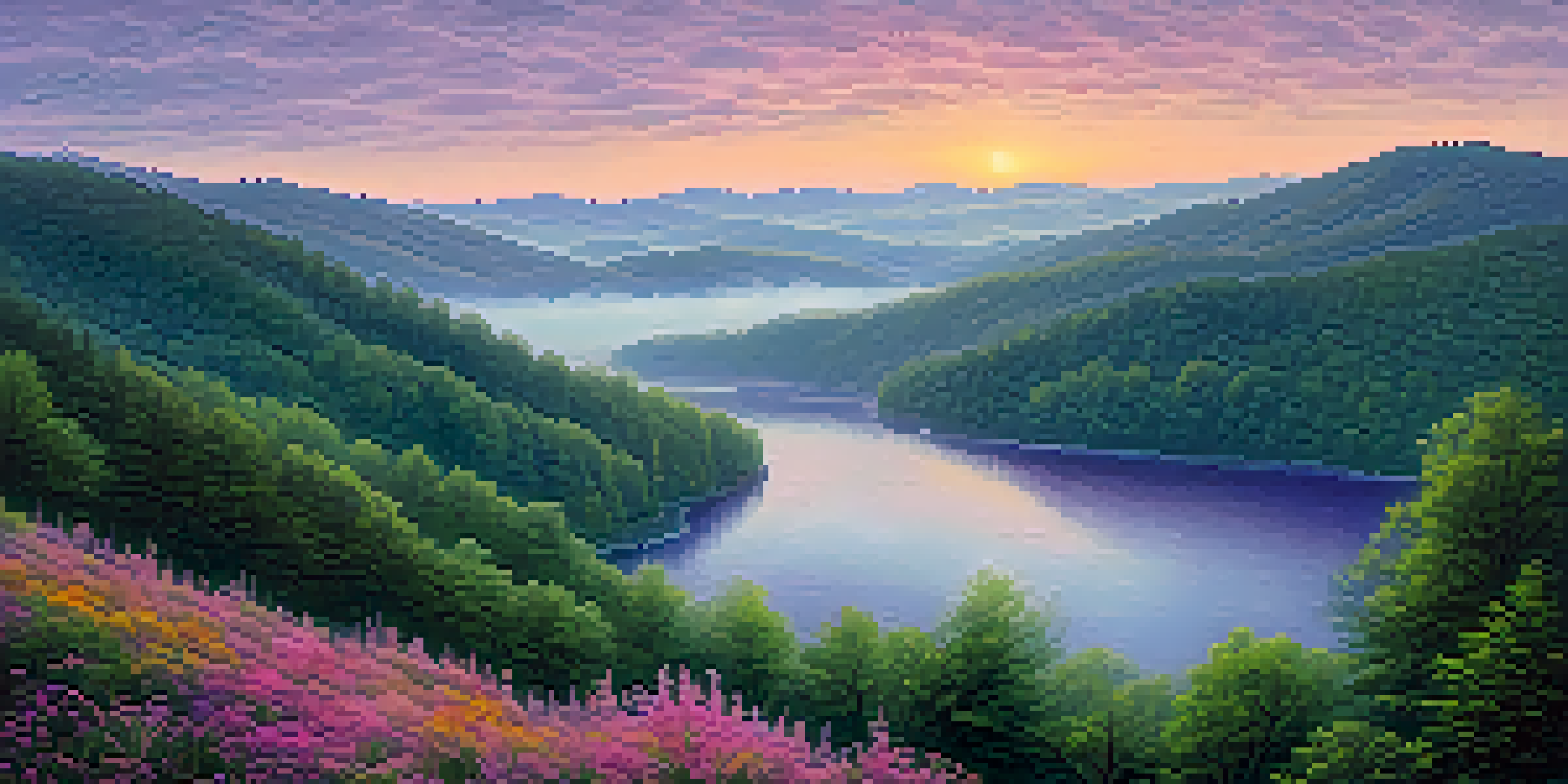 A beautiful sunrise over the Great Smoky Mountains, with fog in the valleys and colorful wildflowers in the foreground.