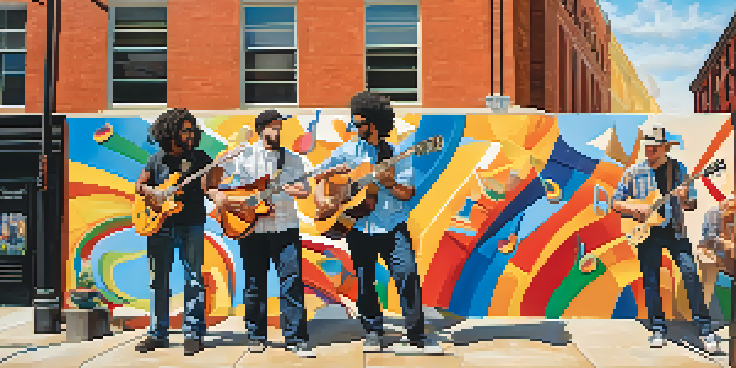 A colorful street mural in Nashville featuring musical elements and abstract shapes, with people engaged in conversation nearby.