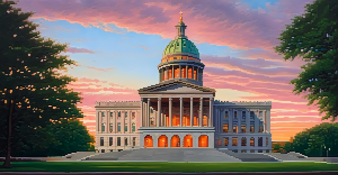 A sunset view of the Tennessee State Capitol building, surrounded by green trees, with a colorful sky.
