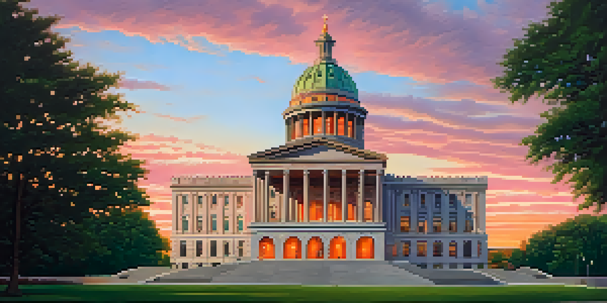 A sunset view of the Tennessee State Capitol building, surrounded by green trees, with a colorful sky.