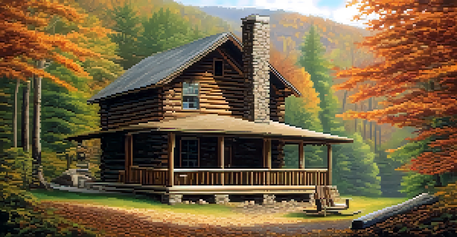 A rustic Appalachian cabin in the woods of the Great Smoky Mountains, surrounded by trees and autumn leaves.