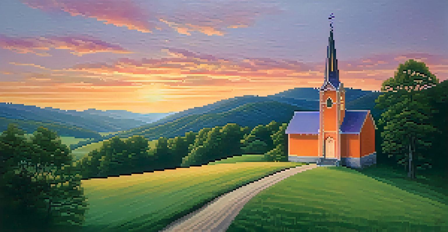 A beautiful sunset over the Tennessee countryside, featuring rolling hills and a small chapel surrounded by trees.
