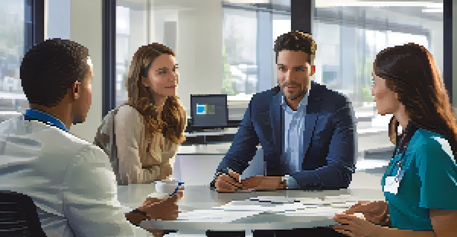 A healthcare professional explaining health insurance options to a couple in a modern office setting.