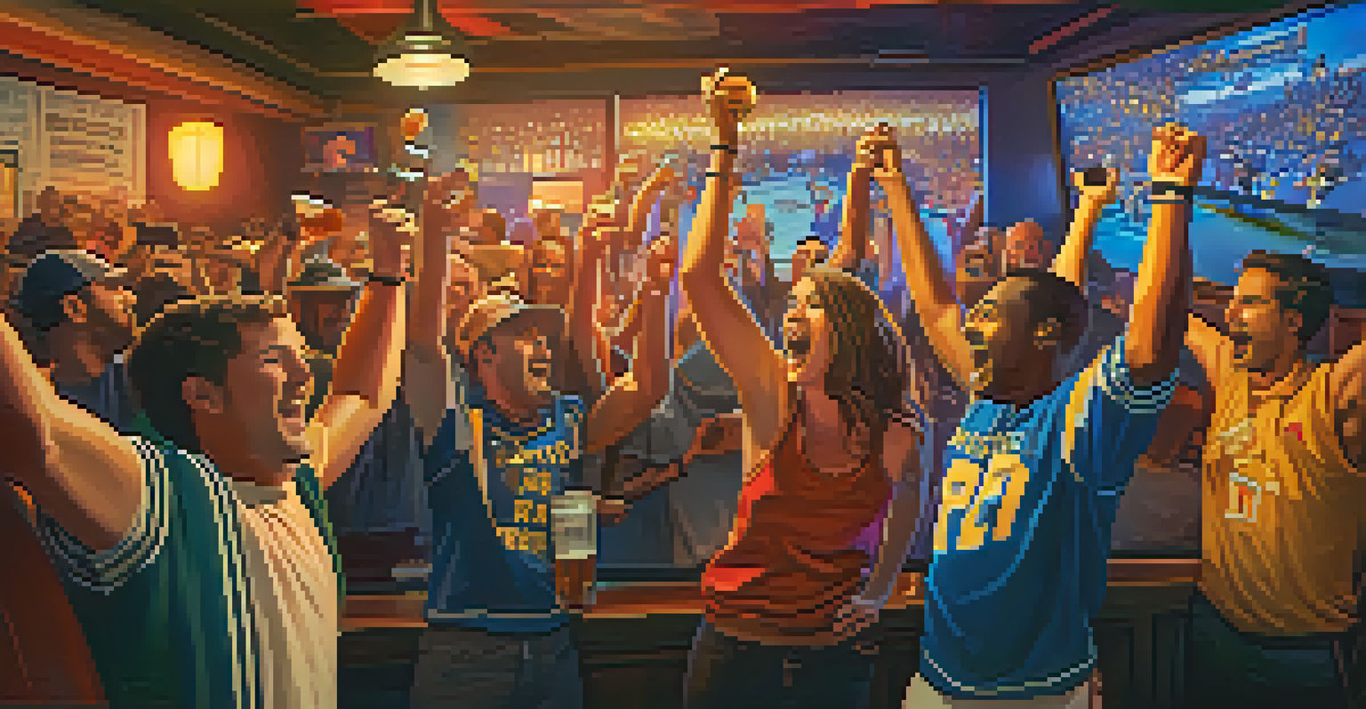 Close-up of excited sports fans at a watch party in a bar, dressed in team colors and displaying enthusiasm.