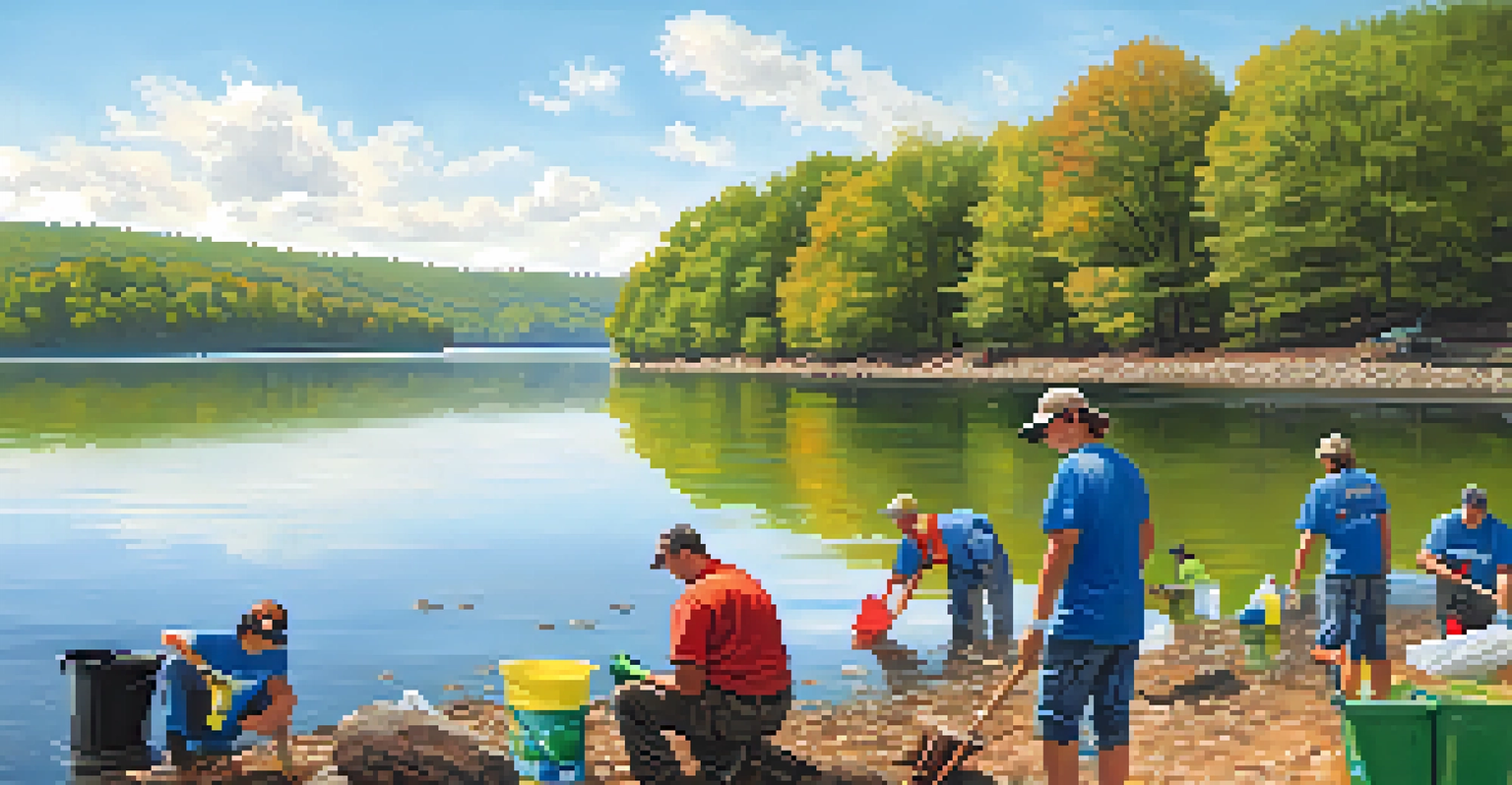 Volunteers participating in a river clean-up along the Tennessee River, working together to remove debris from the water and its banks.