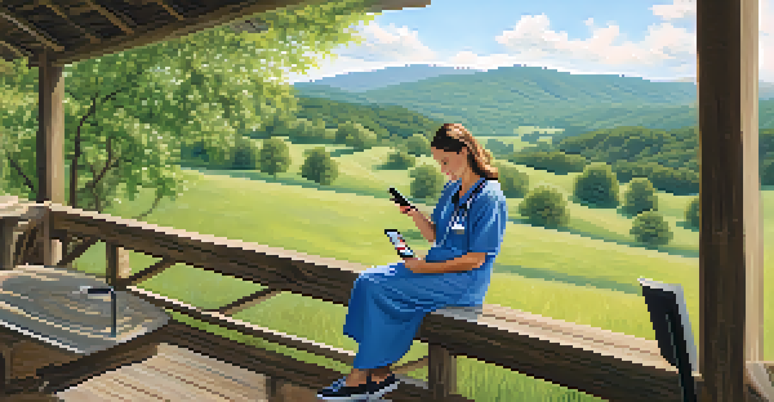A patient in a rural Tennessee setting using a smartphone for a telehealth consultation, surrounded by hills and greenery.