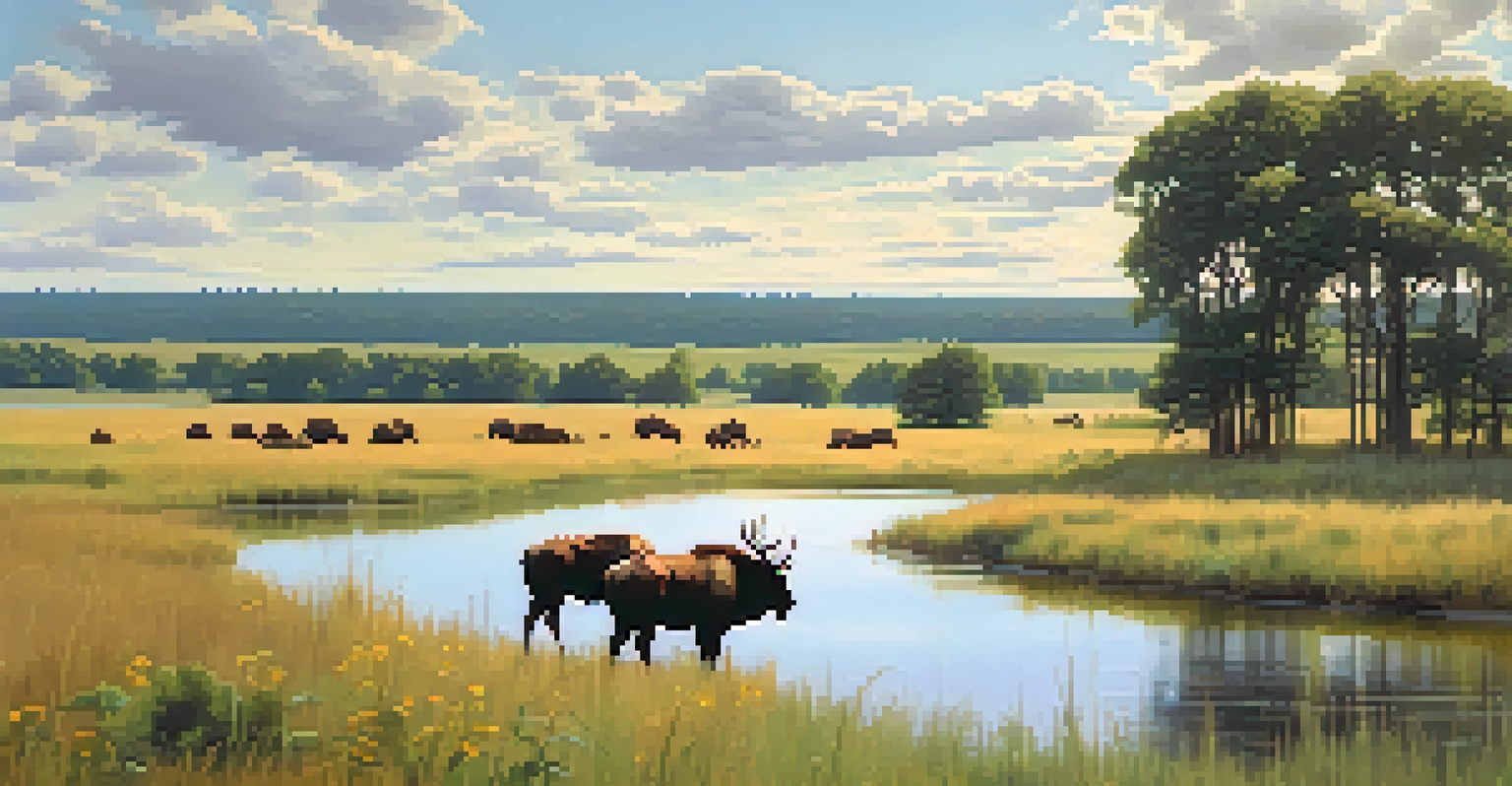 A herd of bison grazing in the Elk & Bison Prairie, surrounded by tall grasses and wildflowers, with a lake in the background.