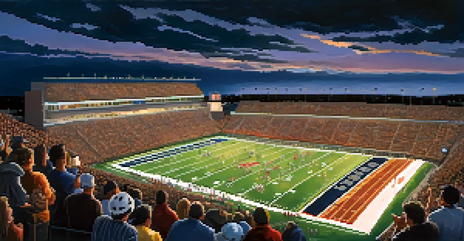 An aerial perspective of a high school football game at night with bright stadium lights illuminating the field and fans cheering.