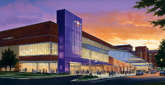 A Nashville hospital at dusk with illuminated entrance and people interacting outside.