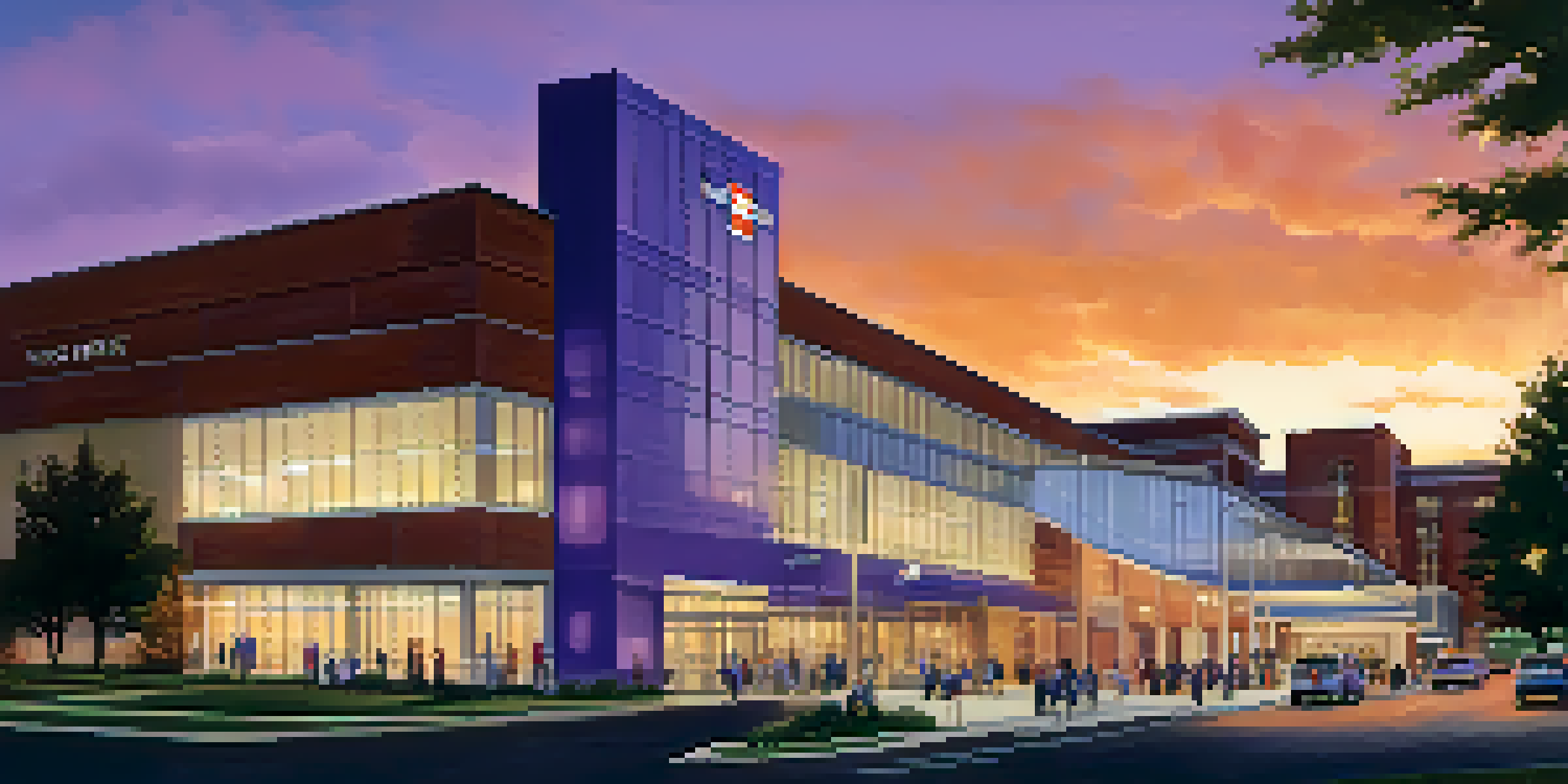 A Nashville hospital at dusk with illuminated entrance and people interacting outside.