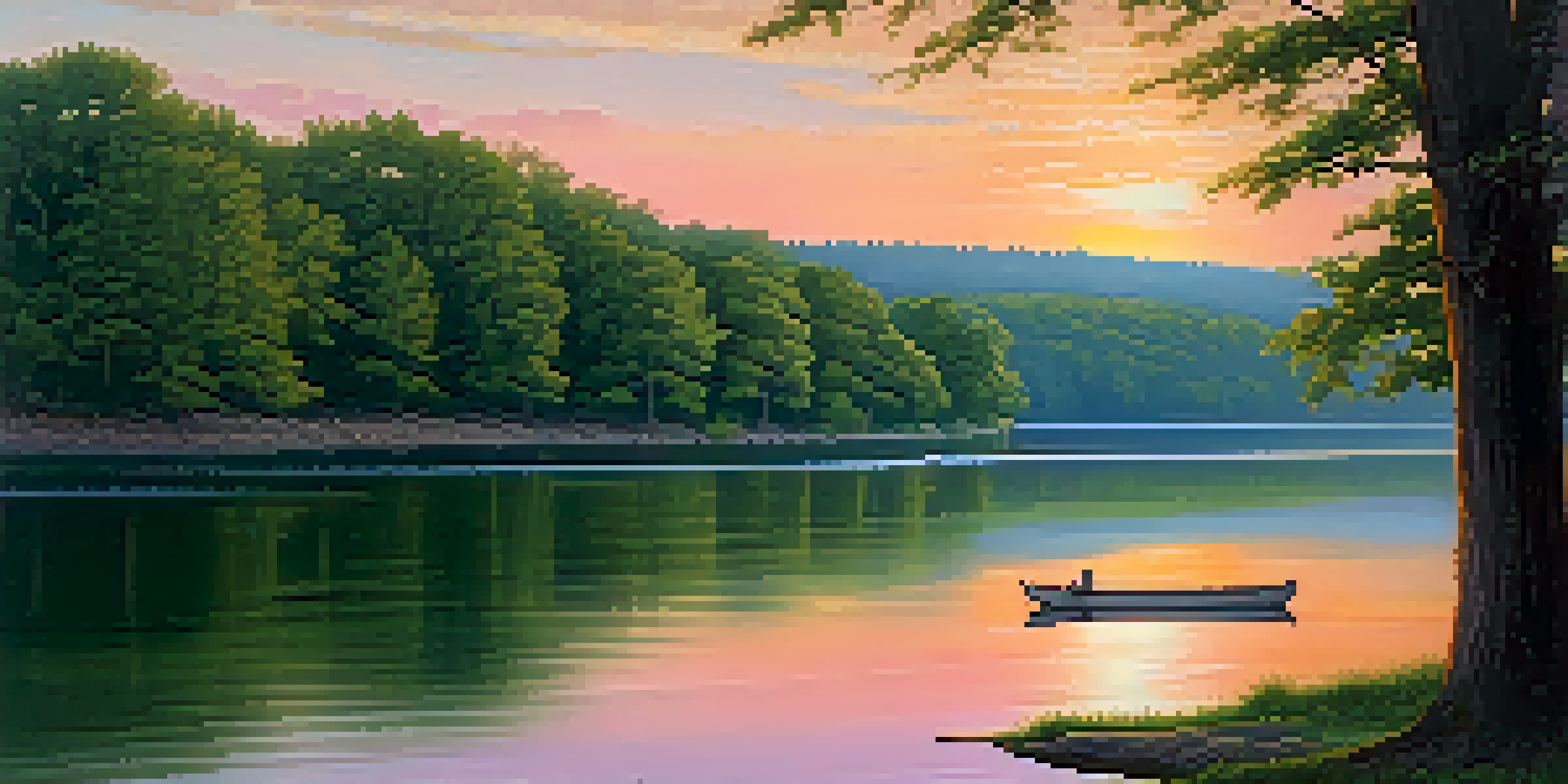 A picturesque sunset over the Tennessee River, featuring colorful skies and a small boat on tranquil waters.