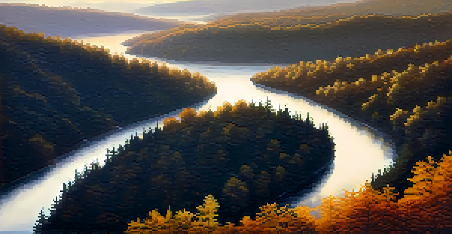 A tranquil river winding through the Appalachian Mountains at sunrise.