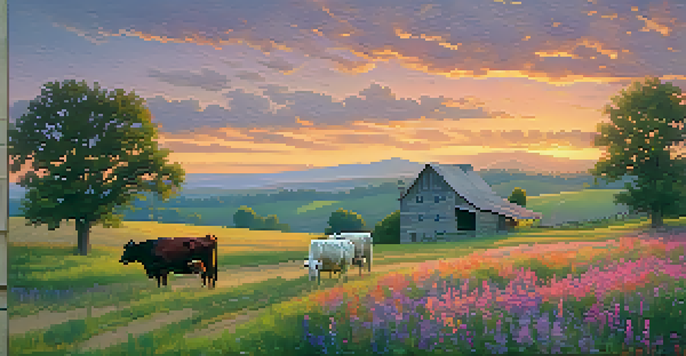 A beautiful rural landscape in Tennessee at sunset with rolling hills, a farmhouse, wildflowers, and grazing cows.