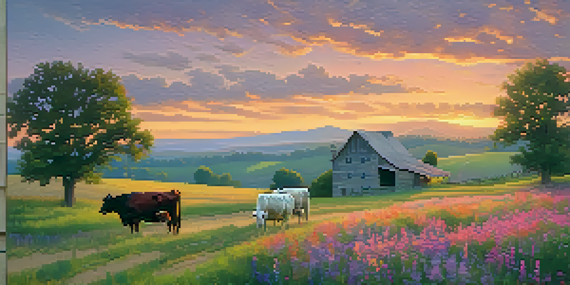 A beautiful rural landscape in Tennessee at sunset with rolling hills, a farmhouse, wildflowers, and grazing cows.