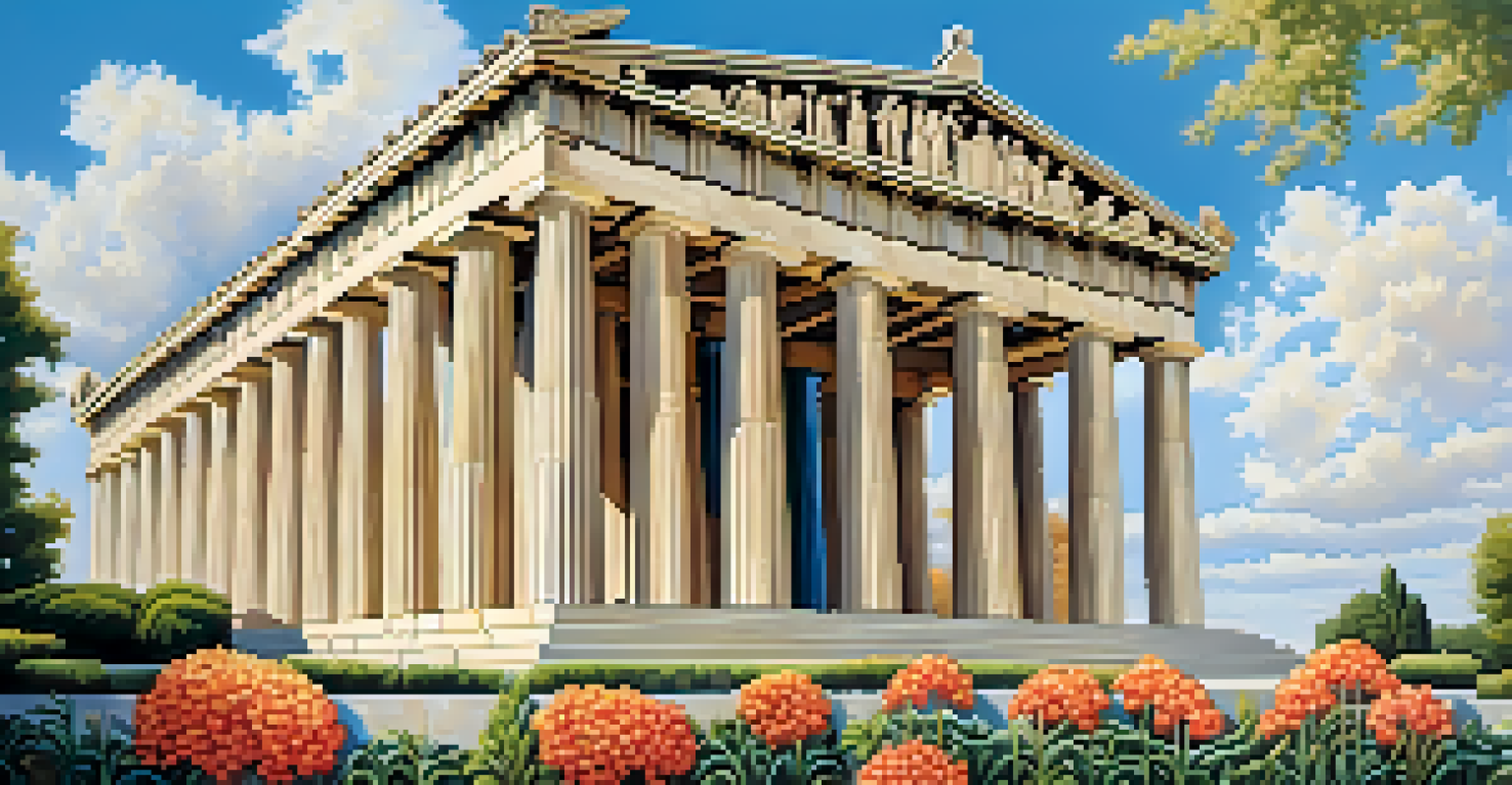 The Parthenon in Nashville surrounded by vibrant gardens and a clear blue sky.