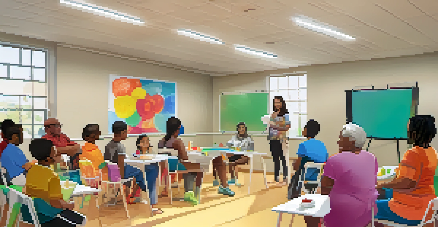 A community health education workshop with residents engaged in a discussion led by a facilitator, with visual aids and a bright, inviting atmosphere.
