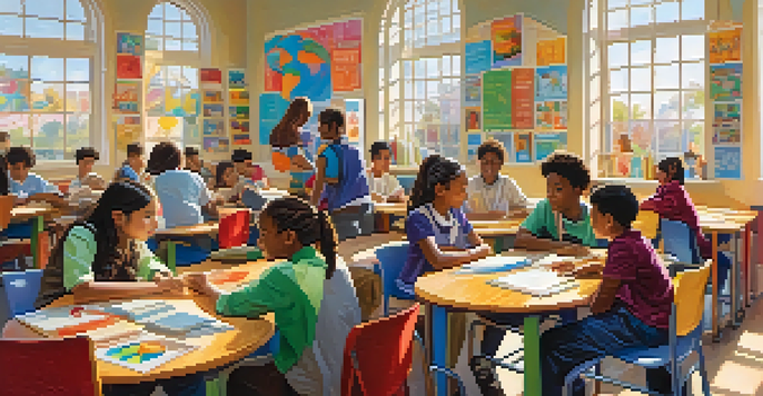 A classroom with diverse students collaborating at a round table, illuminated by sunlight through large windows.