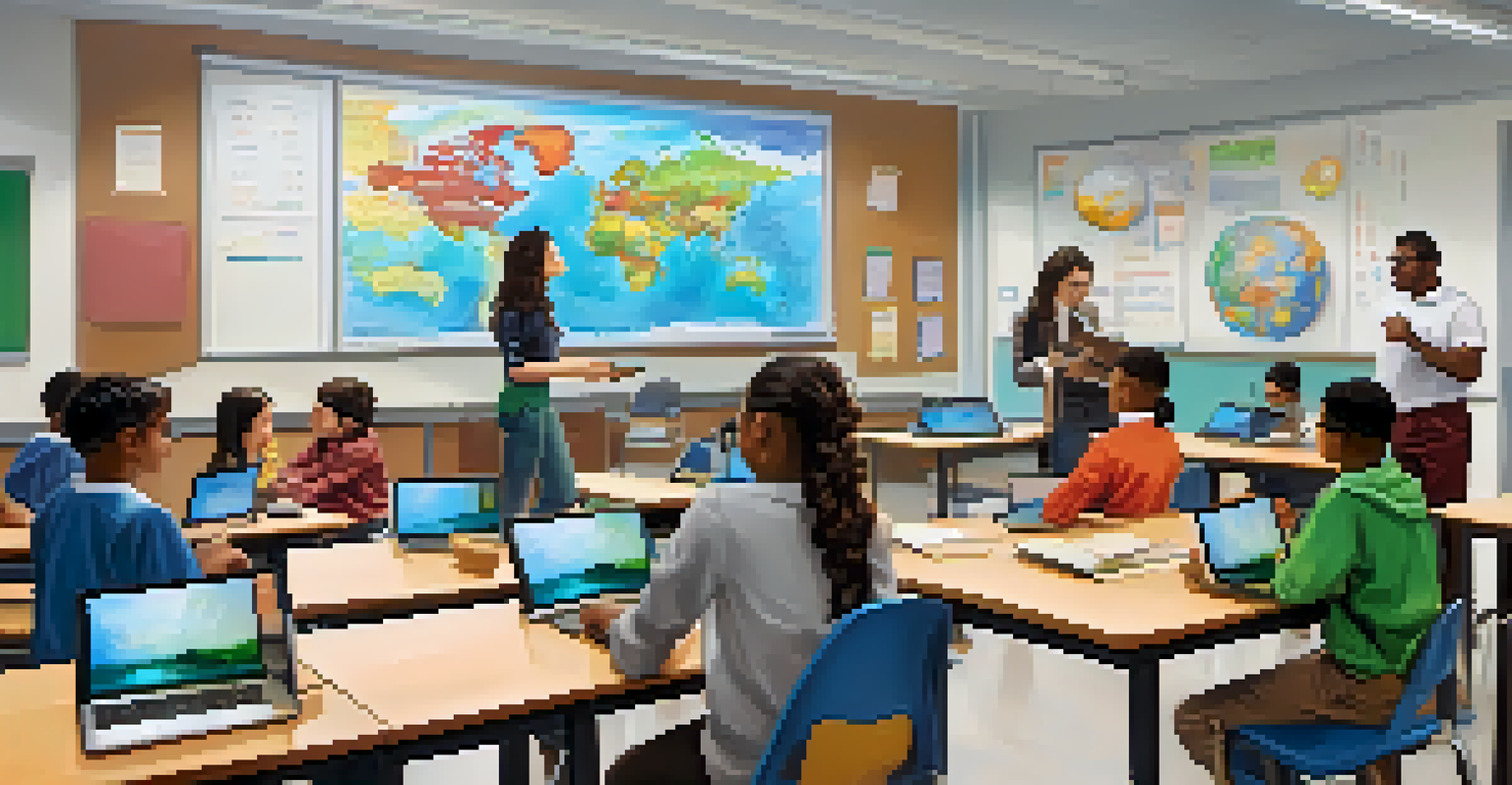 A diverse group of students in a bright classroom using modern technology.