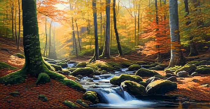 A picturesque view of Tennessee's forests with autumn foliage, sunlight filtering through the trees, and a stream running through the landscape.