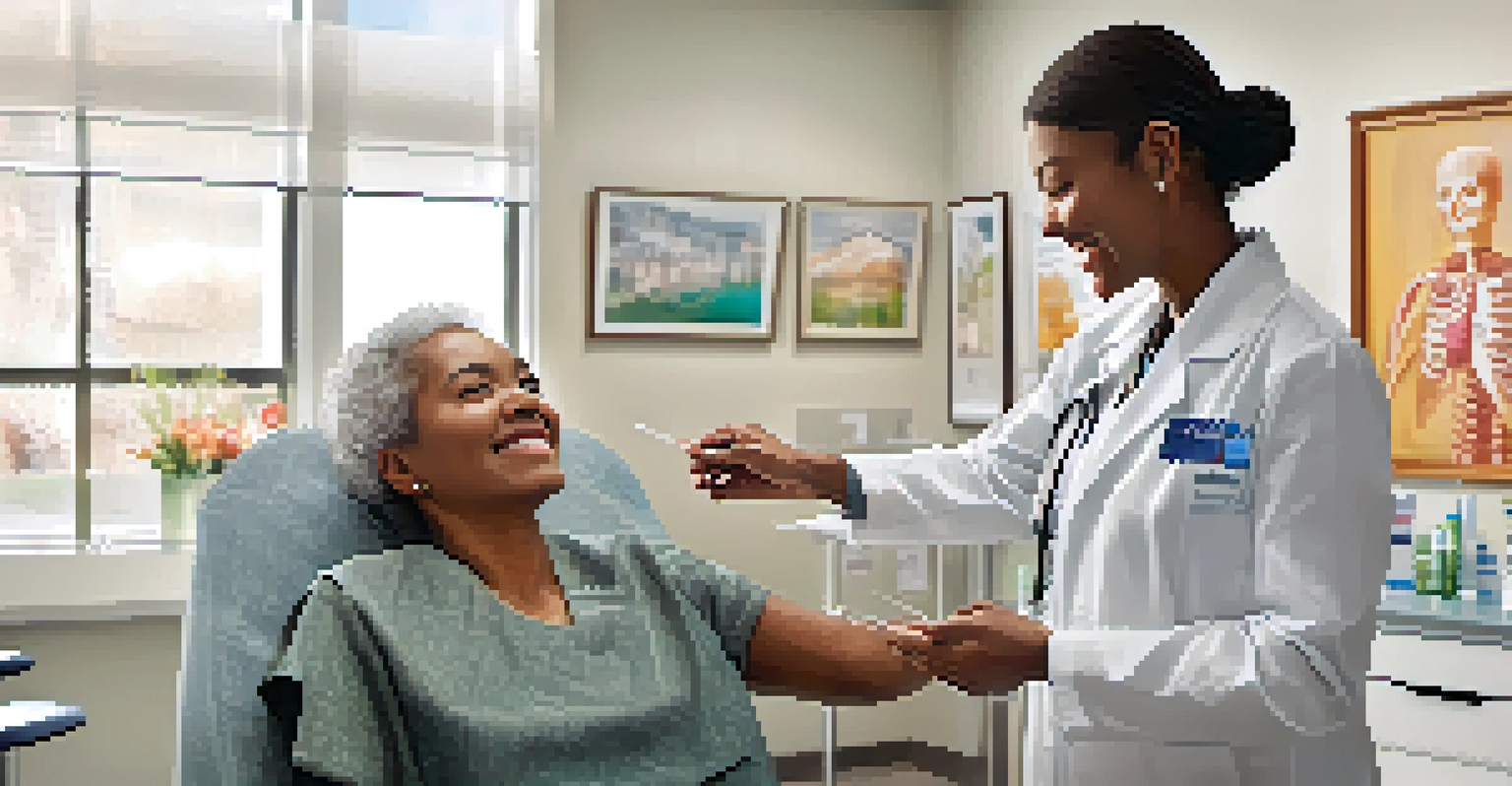 A healthcare professional giving a vaccination to a smiling patient in a well-lit clinic filled with educational health posters.