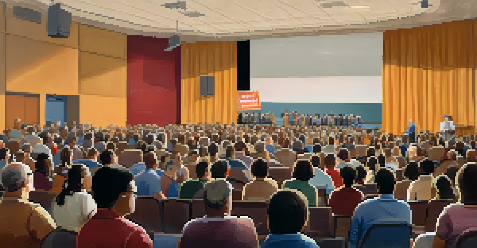 A town hall meeting in a school auditorium with citizens listening to a speaker, promoting community engagement.