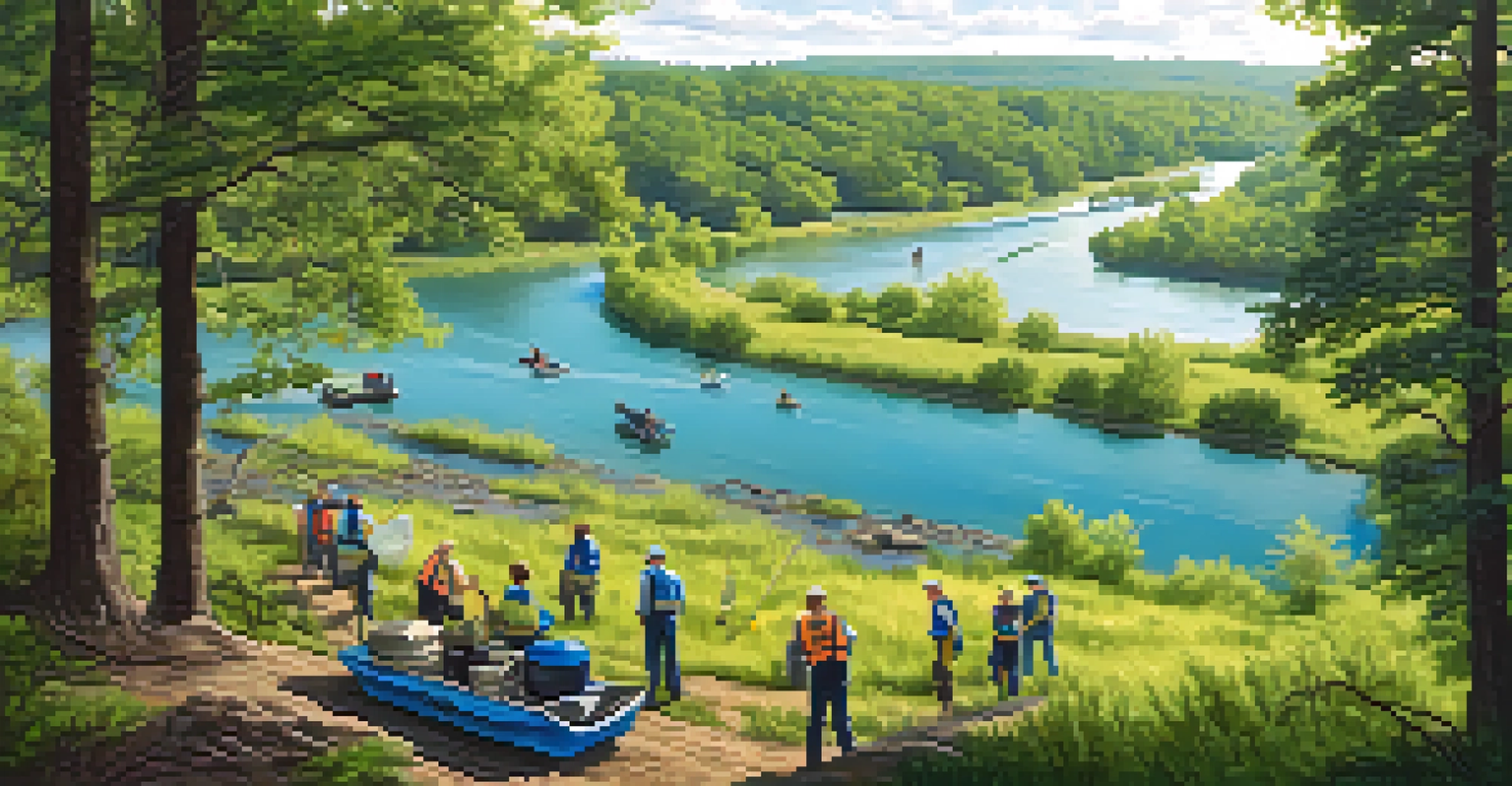 Aerial view of the Tennessee River with volunteers cleaning up the banks and clear blue water.