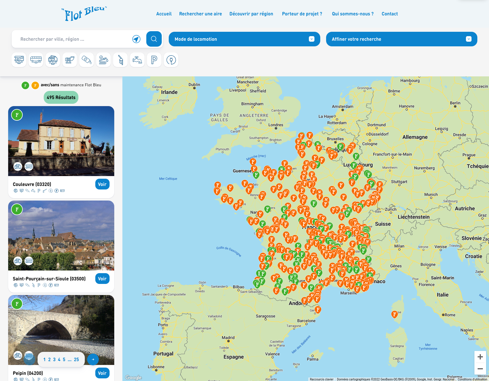 Recherche des aires de service Flot Bleu sur une carte