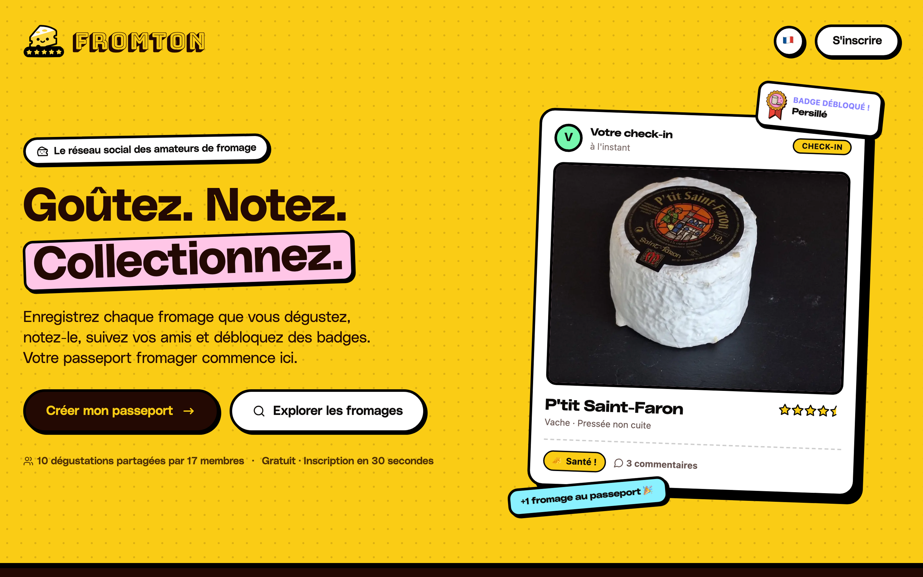 Page d’accueil de Fromton : « Goûtez. Notez. Collectionnez. »
