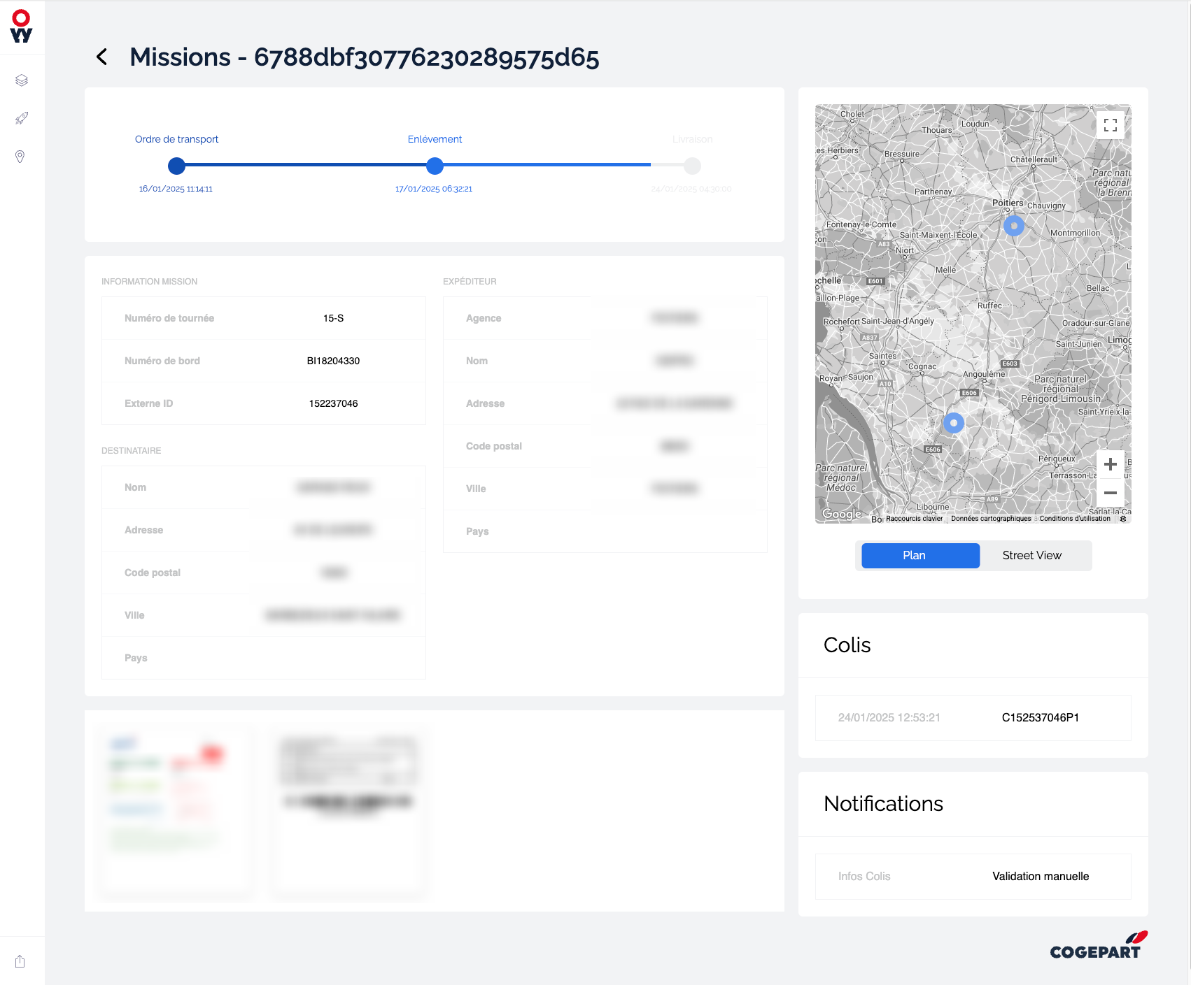 Fiche mission OneWay : suivi horodaté, informations de tournée, carte et colis