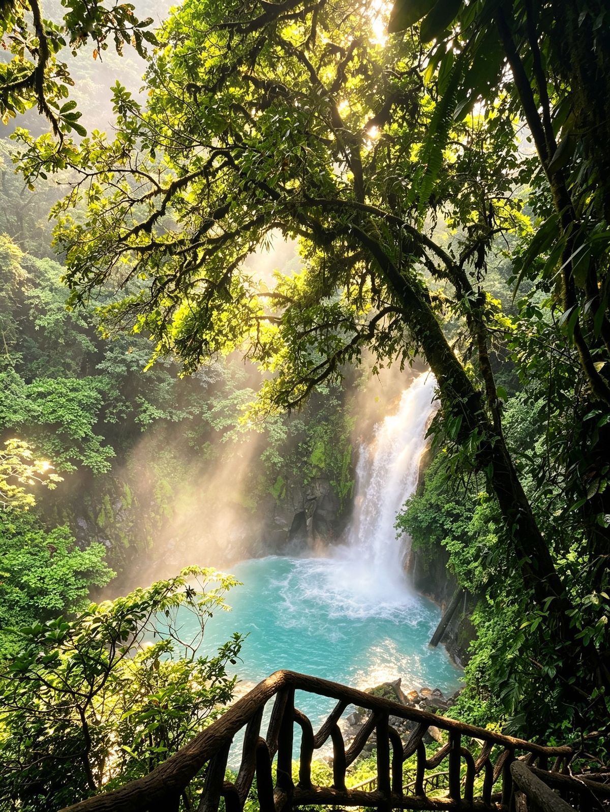 Turquoise rainforest river running through tropical vegetation