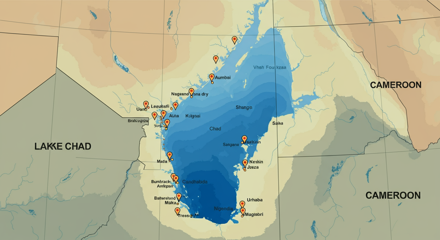 Carte prospective de la région du lac Tchad — scénarios géopolitiques et climatiques à l'horizon 2050 (Tchad, Niger, Nigeria, Cameroun)