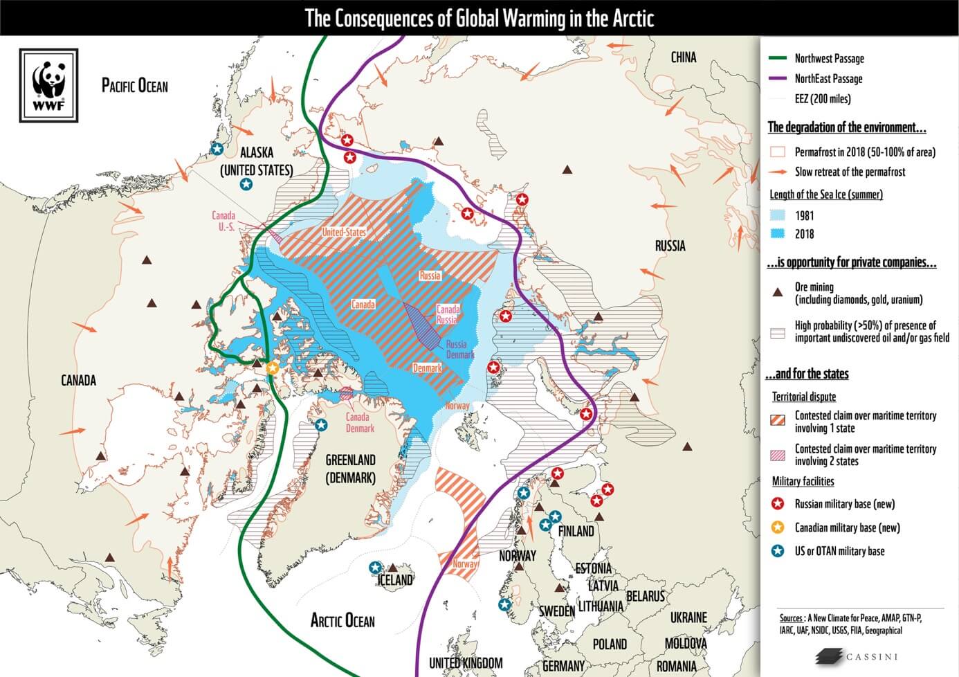 Carte mondiale illustrant les zones de stress climatique et les points de tension géopolitique — projet WWF / CASSINI
