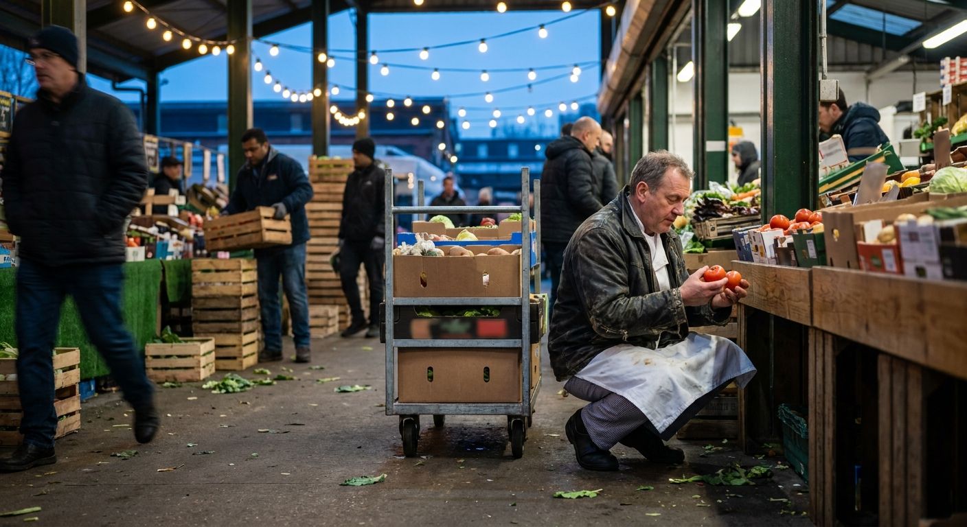 A chef crouches at a produce market stall at dawn, turning a tomato in his hand beside a half-loaded trolley of boxes.