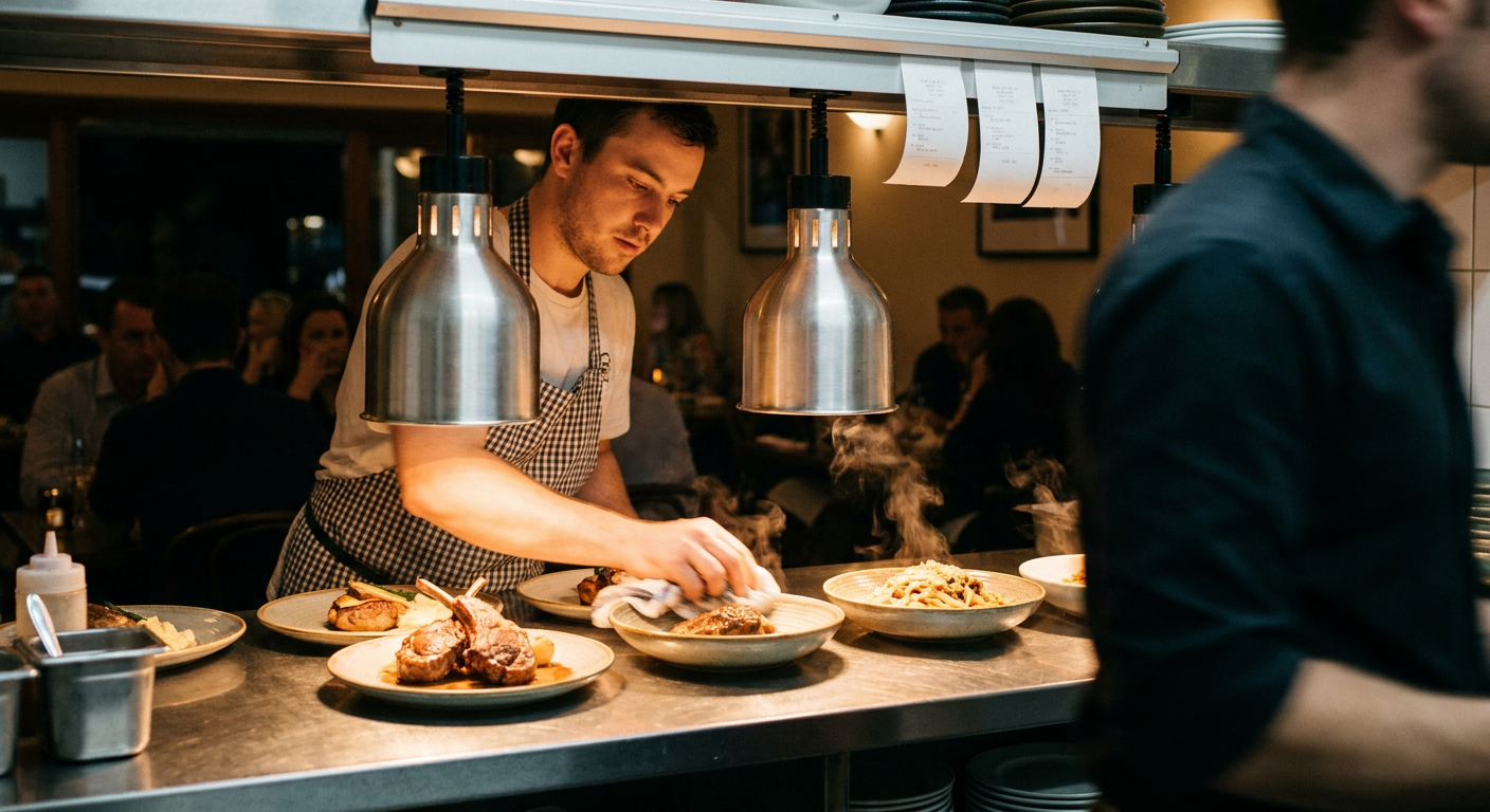 A line cook wipes the rim of a plate at a bistro pass during evening service, more plates waiting under the heat lamps.