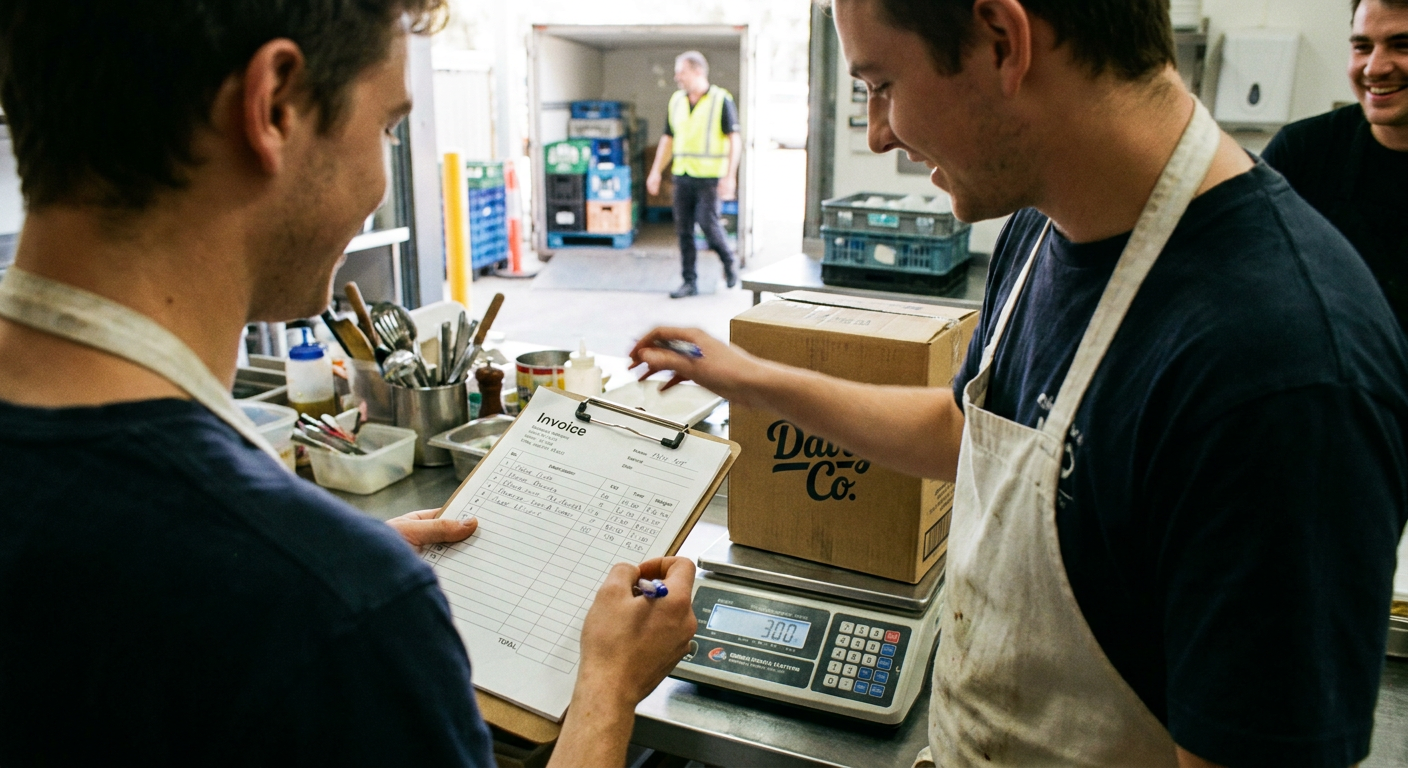 Kitchen hand carefully checks a delivery invoice against a carton of dairy on a commercial digital platform scale at a loading dock.