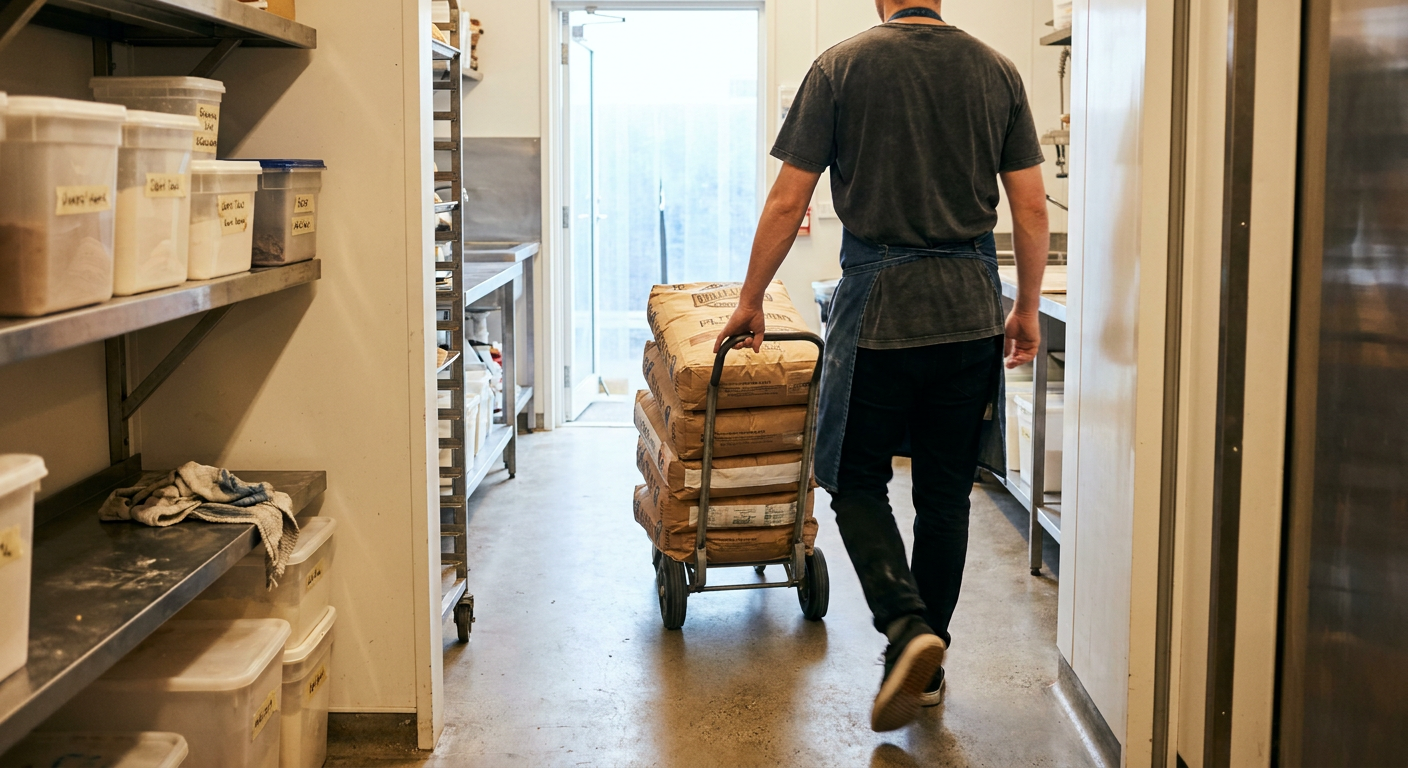 A kitchen hand, back to camera, wheels a hand truck of paper flour sacks down a bakery's back corridor from the open door in cool morning light.