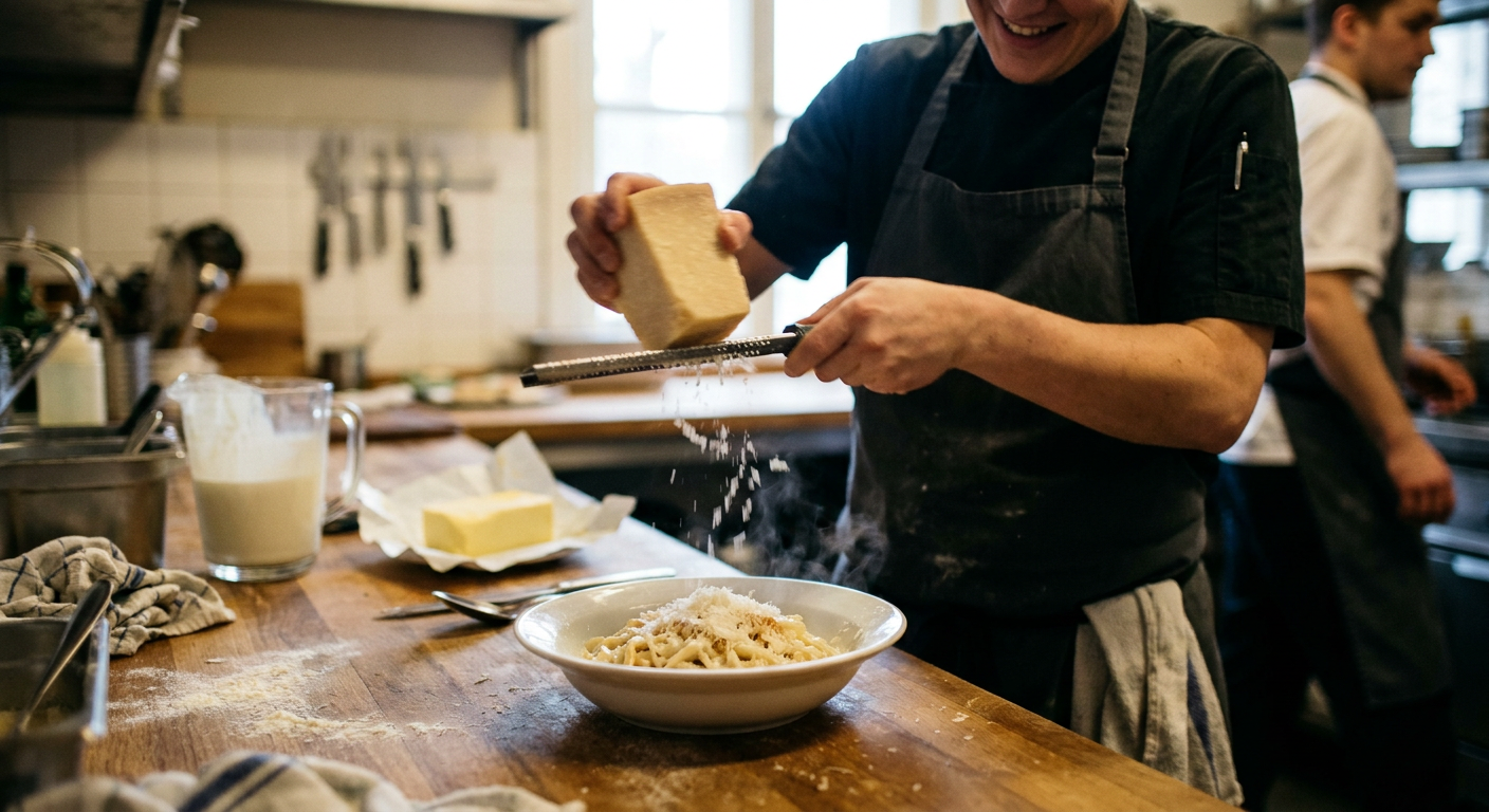 Chef grating cheese over a pasta dish, highlighting dairy products, with an implied increasing cost.
