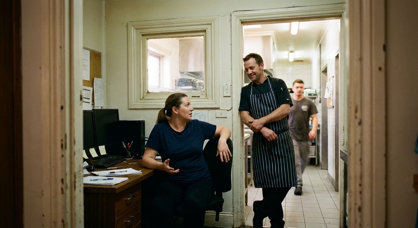 Seen through the office doorway, a pub owner turns from her desk to talk with the head chef leaning on the doorframe.