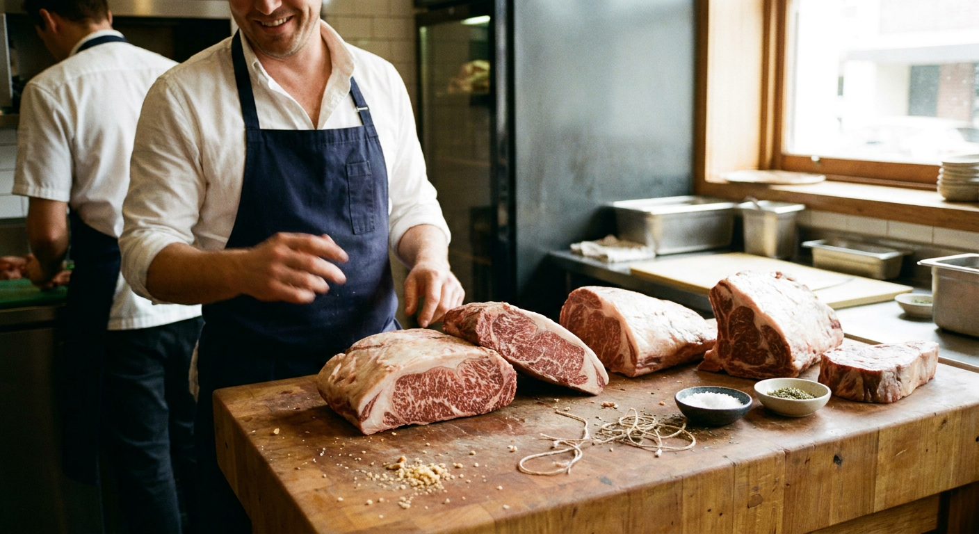 Australian beef cuts on a butcher block, with a grafic overlay indicating easing saleyard cattle prices.