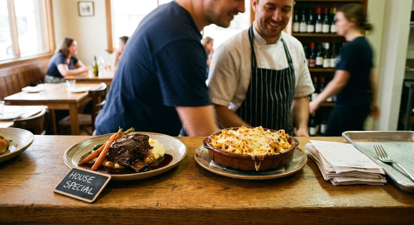 Two plated dishes, braised beef and baked cheesy pasta, illustrating how different ingredients impact dish profitability.