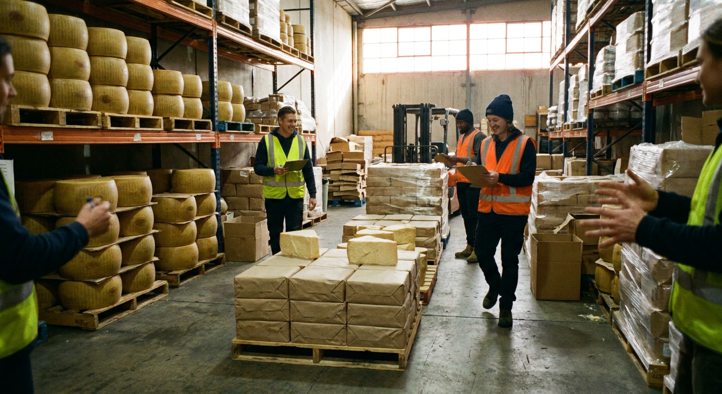 Wheels of parmesan stacked on warehouse shelving, part of Australia's cheese supply chain.