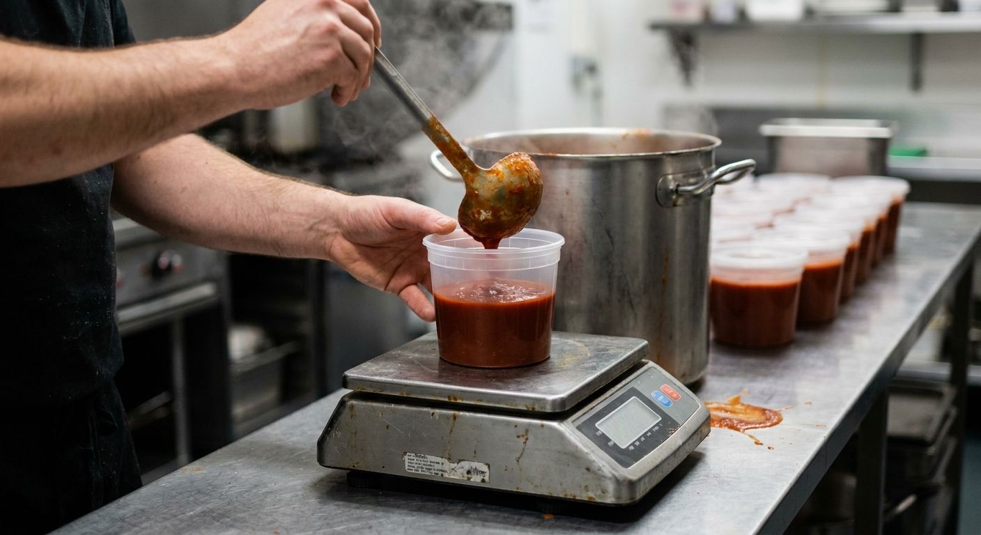 Hands ladle house-made tomato sugo from a stockpot into a tub on a commercial bench scale, filled tubs lined along the steel bench.