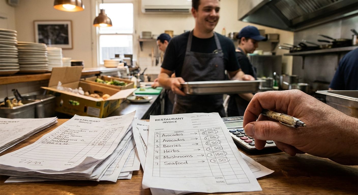 Stack of restaurant invoices showing diverse price changes for various ingredients, reflecting the broader food basket.