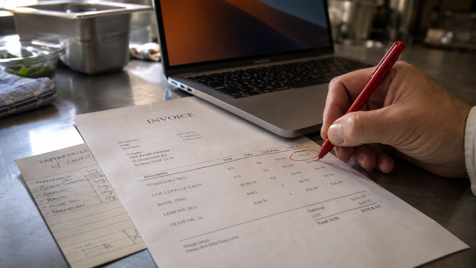 Reviewing a supplier invoice line by line against the order in a commercial kitchen