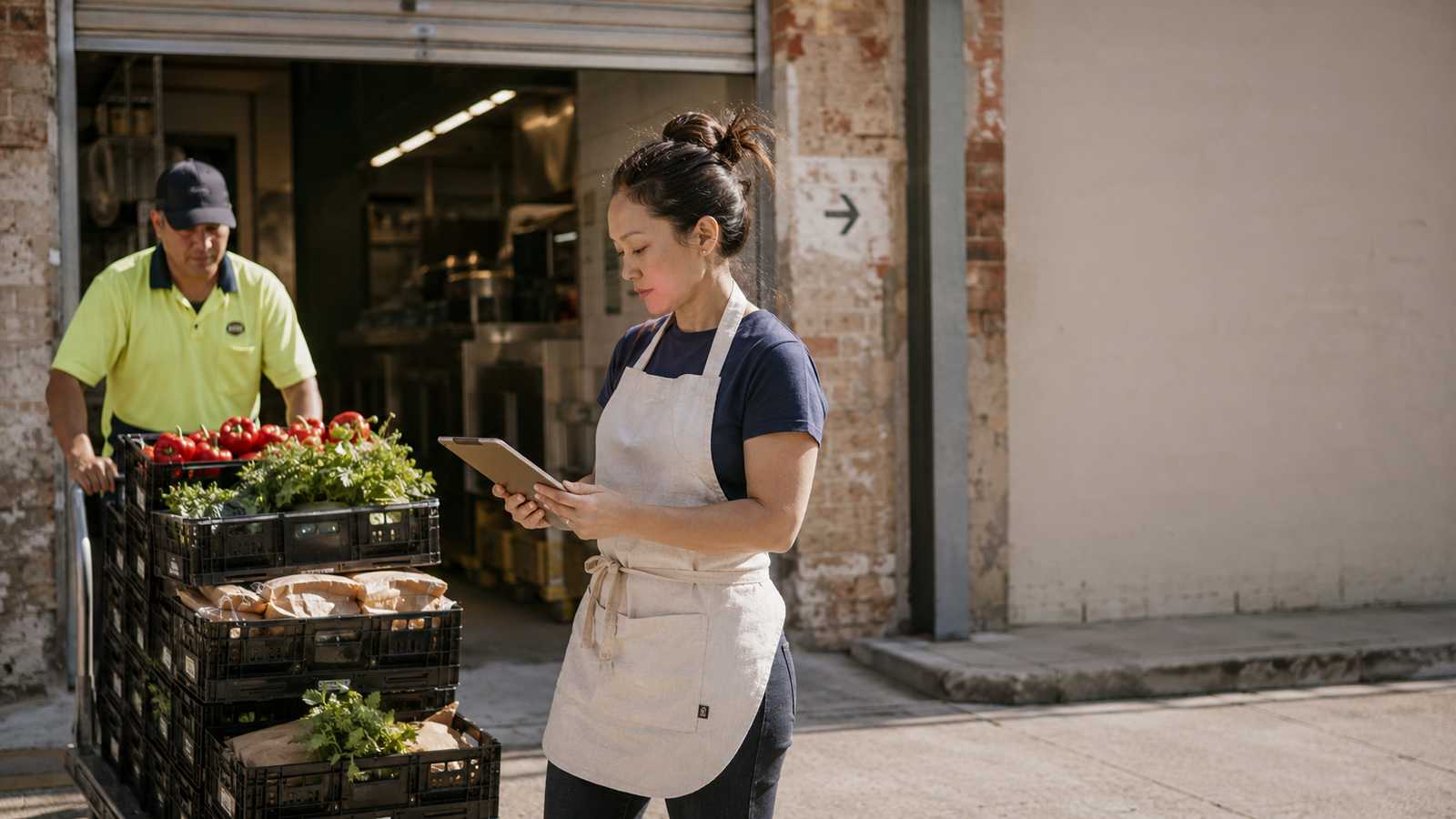 A supplier delivery being checked in at a venue's back door on a tablet