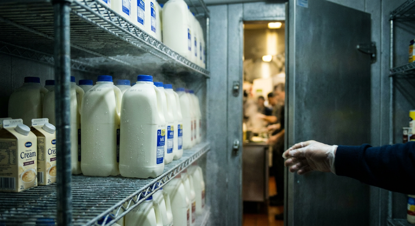Stacked cartons of cream and milk on wire shelving inside a cool room, condensation beading on the plastic.