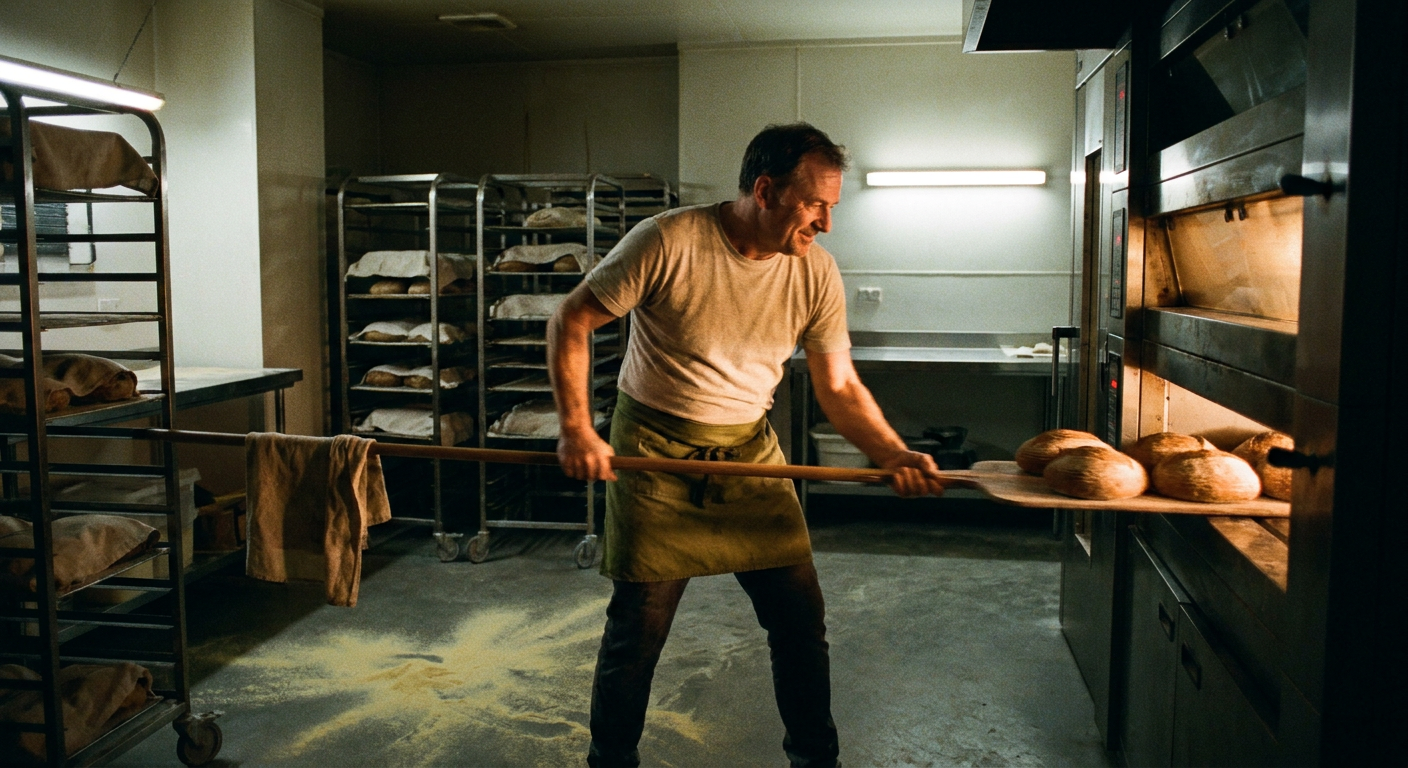 Seen wide from a dark corner before dawn, a baker slides a peel of shaped loaves into a glowing deck oven in a small bakery's oven room.