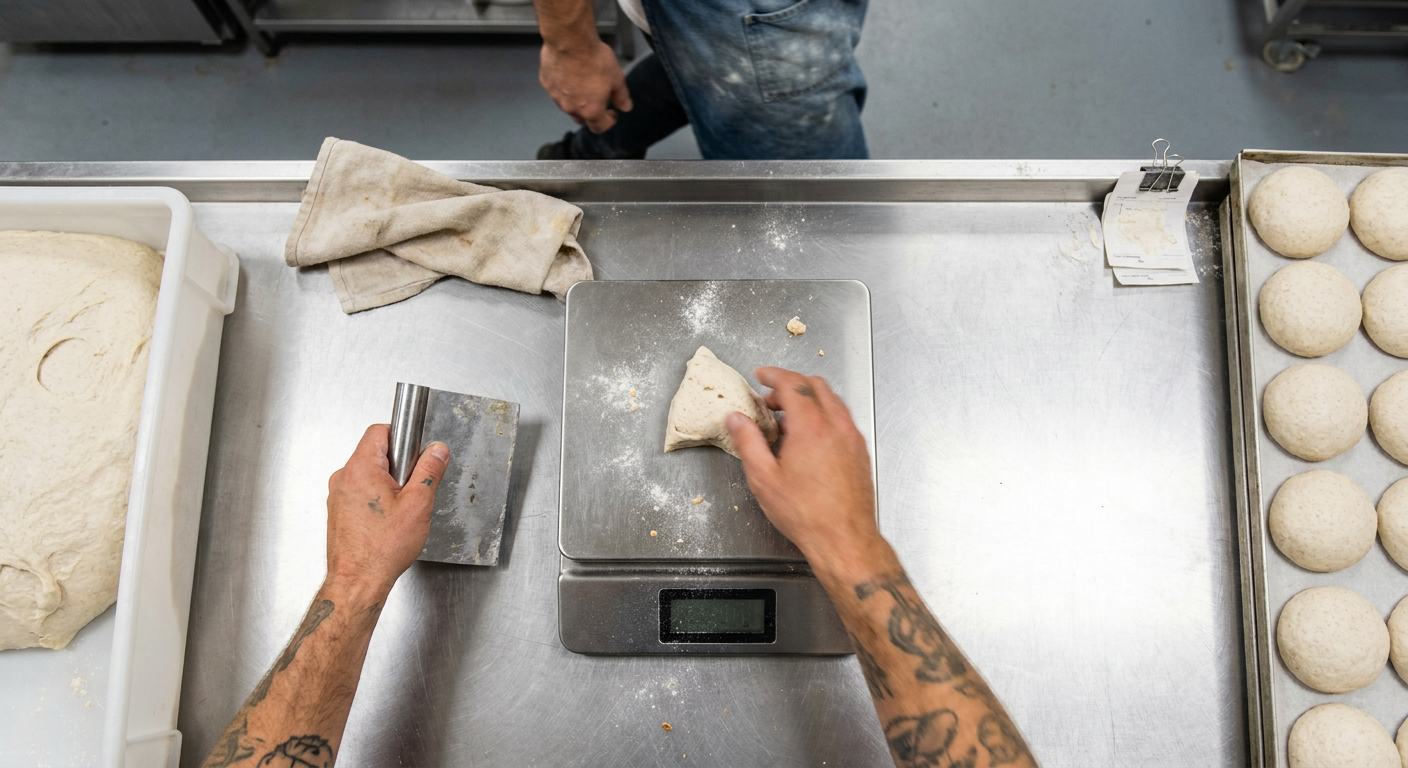 Overhead view of tattooed hands scaling cut dough onto a clean stainless bench scale beside a tray of equal rounds in a bakery prep area.