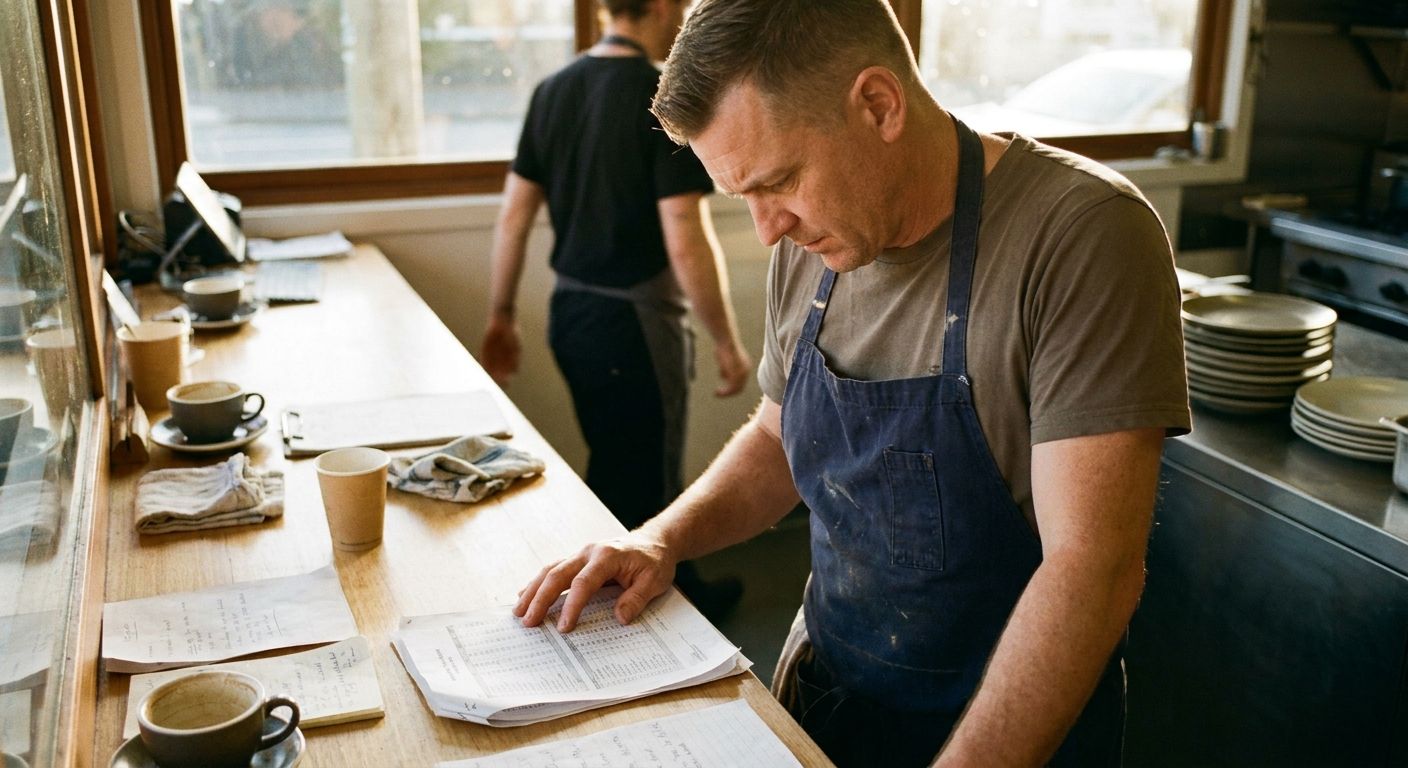Male restaurant owner with a thoughtful expression, reviewing a printed profit and loss statement on a wooden desk.